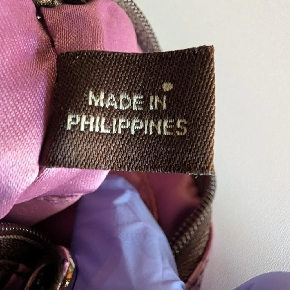 Coach Purple Brown Op Art Circle Logo Sateen Leather Trim Wristlet Pouch Bag